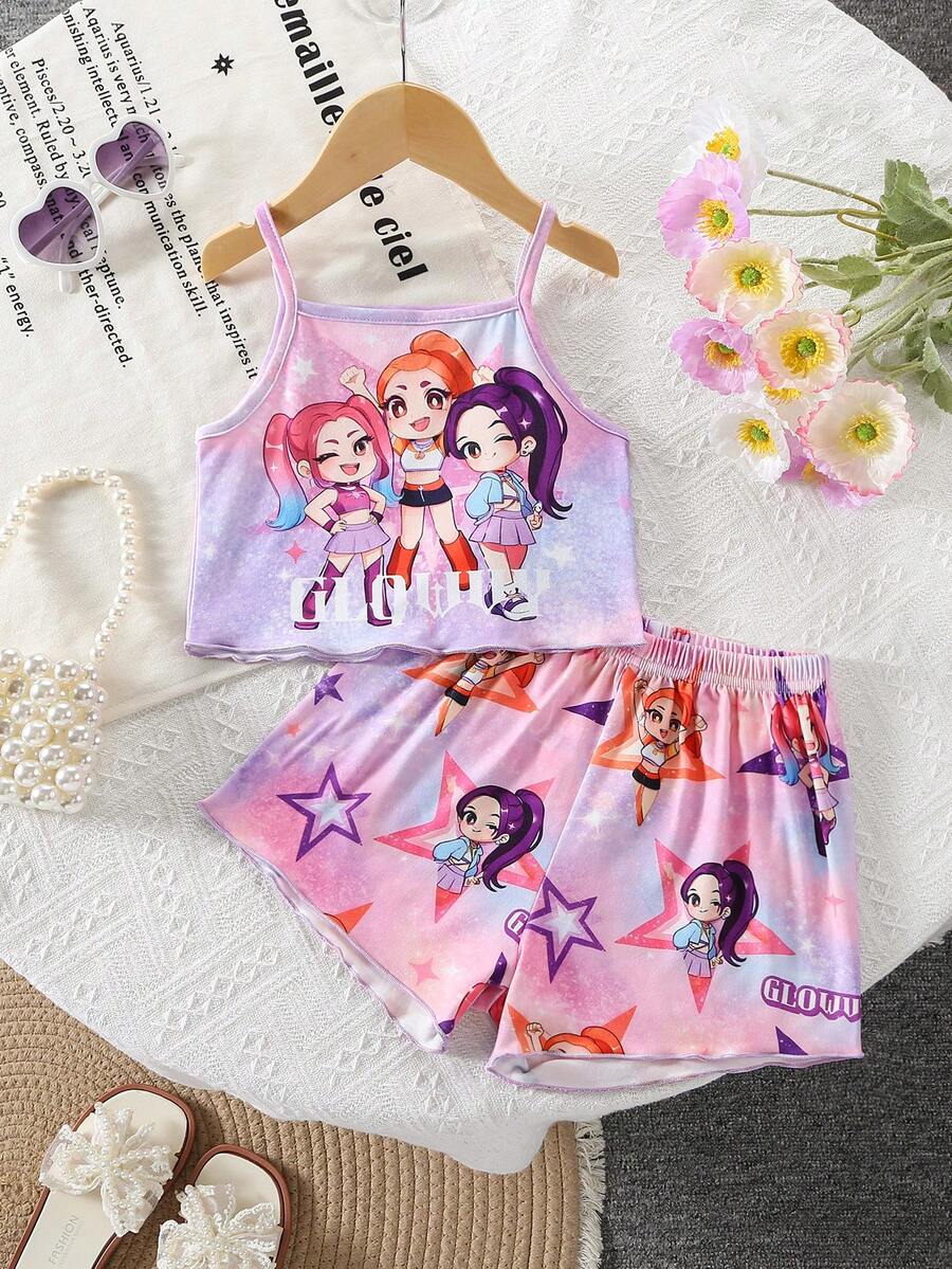 2pcs Young Girl Comfortable Soft Knit Camisole Shorts Set, Ruffled Design, Cute Pattern, Ideal Gift - Multicolor - View 1