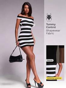 Nuvra Striped Off-Shoulder Waist-Cinching Slimming Short Dress - Black and White - View 2