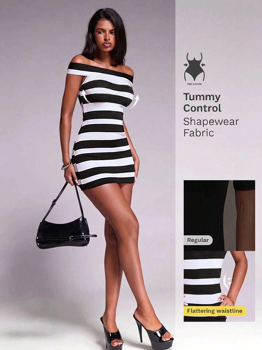 Nuvra Striped Off-Shoulder Waist-Cinching Slimming Short Dress
