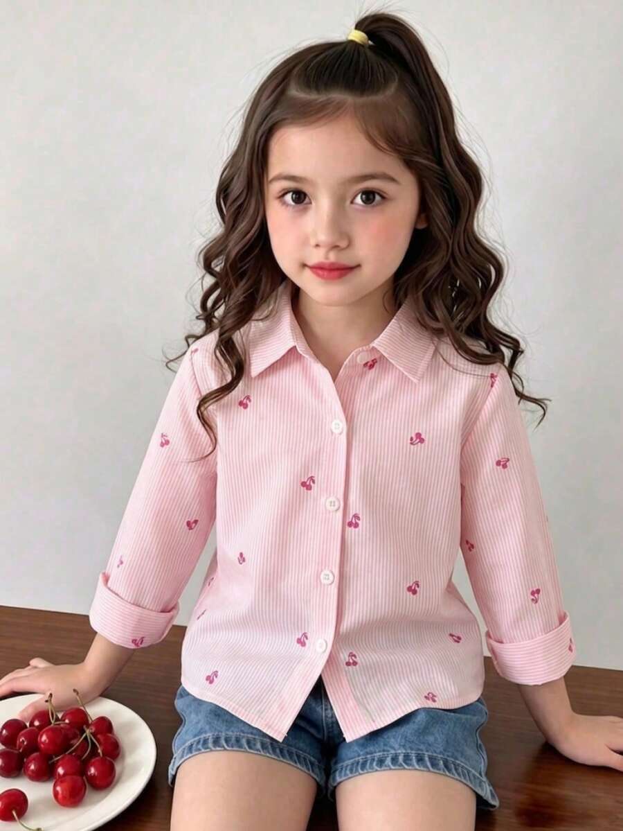 Souflis Souflis 1件女童蝴蝶結圖案襯衫外套，春夏秋冬時尚童裝，粉色襯衫，小女孩時尚上衣