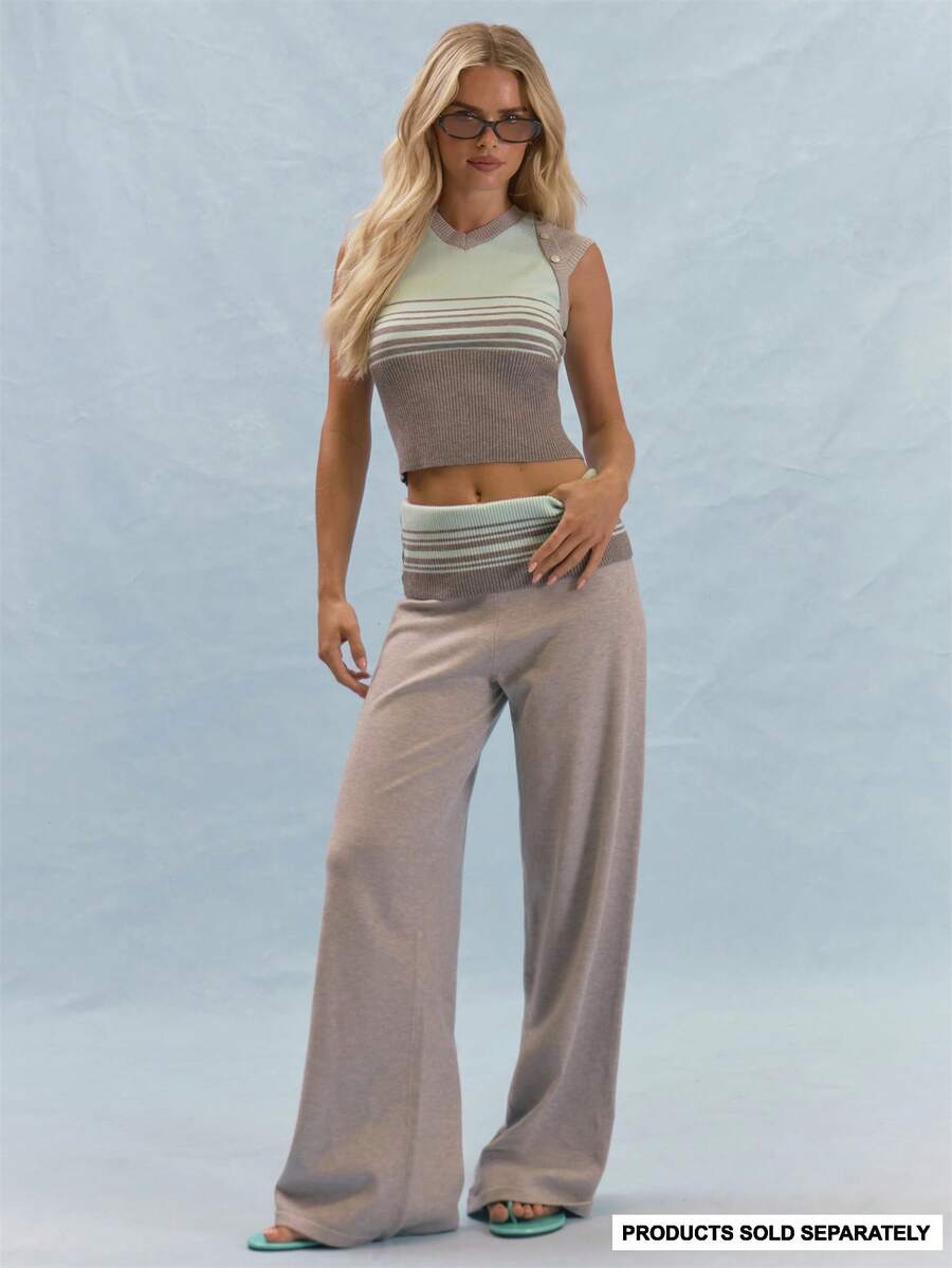 MUSERA Mid Rise Wide Leg Knit Trousers With Stripe Pattern Foldover Waistband Coord Bottoms Only Summer Casual Everyday Girly Y2K Soft Social - Multicolor - View 1