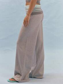 MUSERA Mid Rise Wide Leg Knit Trousers With Stripe Pattern Foldover Waistband Coord Bottoms Only Summer Casual Everyday Girly Y2K Soft Social - Multicolor - View 3