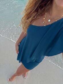 Aloruh Women's Solid Color One Shoulder Casual Party Mini Dress - Teal Blue - View 5