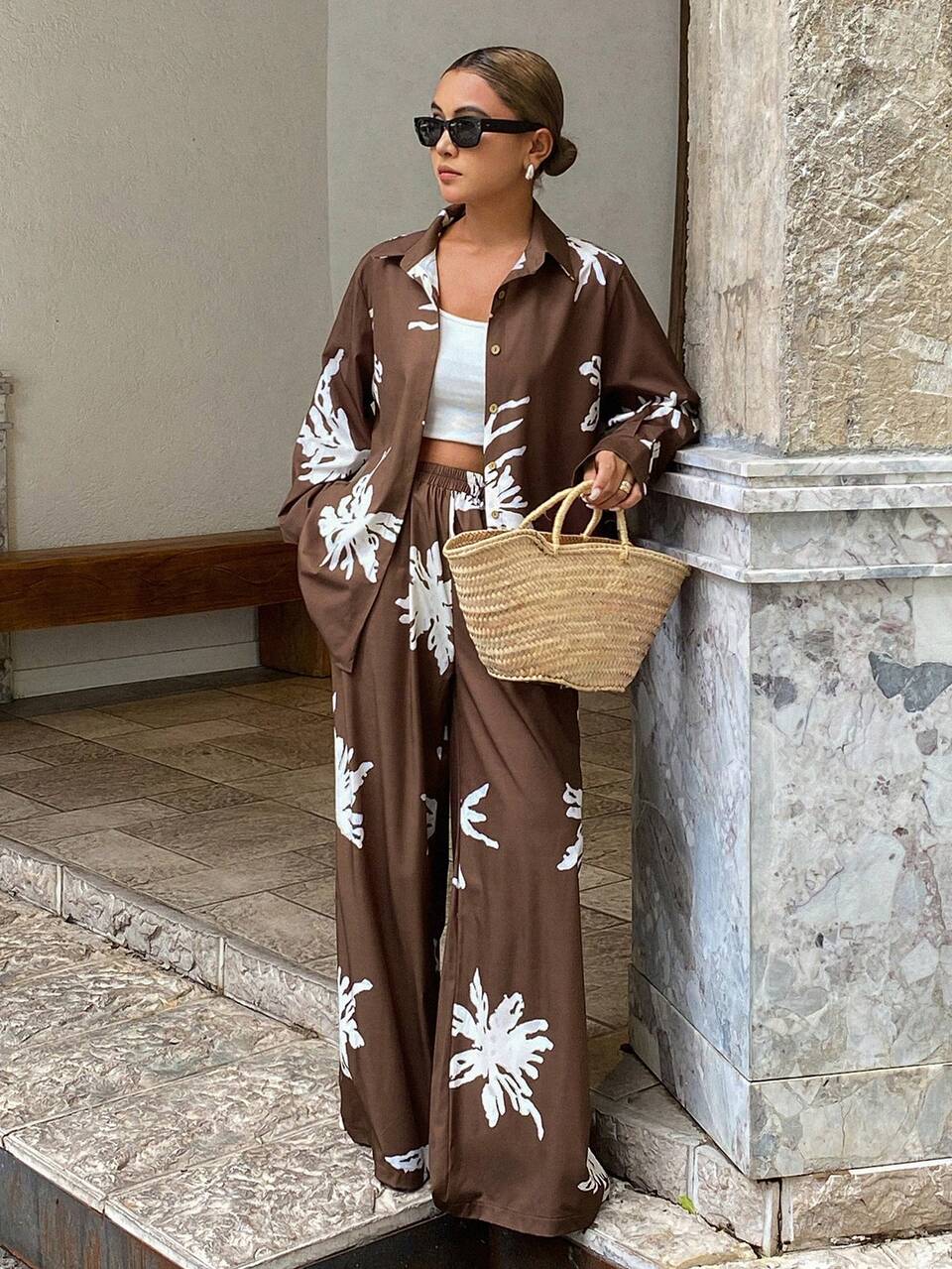 Women's All-Over Print Shirt And Loose Long Pants Vacation Style 2 Pieces Set Lounge Sets For Women