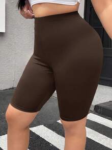 SHEIN EZwear 2件組大尺碼酷感面料系列黑色高腰緊身短褲，春夏服飾 - 棕色 - 查看 5