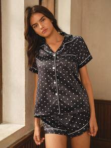 Bisouelle Polka Dot Print Casual Versatile Short Sleeve Shirt And Shorts Button Set - Black and White - View 6