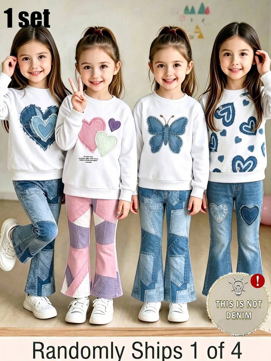 SHEIN 買4送1,少女甜美可愛時尚心形圖案印花圓領運動衫搭配圖案拼接印花喇叭長褲套裝 + 蝴蝶圖案印花圓領運動衫搭配圖案拼接印花喇叭長褲套裝,適合秋冬日常穿著 - 彩色 - 查看 1