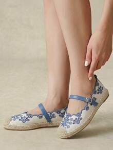 Styleloop Fashion Blue Embroidery Hollow Building Color Hemp Rope Bottom Women's Flat Sole Shoes Comfortable And Breathable Commuting Suitable For Outdoor Vacat - Blue - View 7