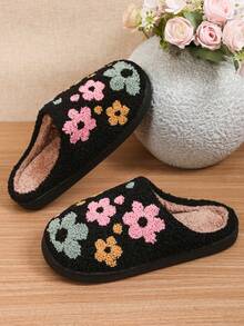 Fashionable, Cute Flower Pattern, Soft And Comfortable Home Slippers, Warm Slippers, Winter Women's Shoes - Black - View 3