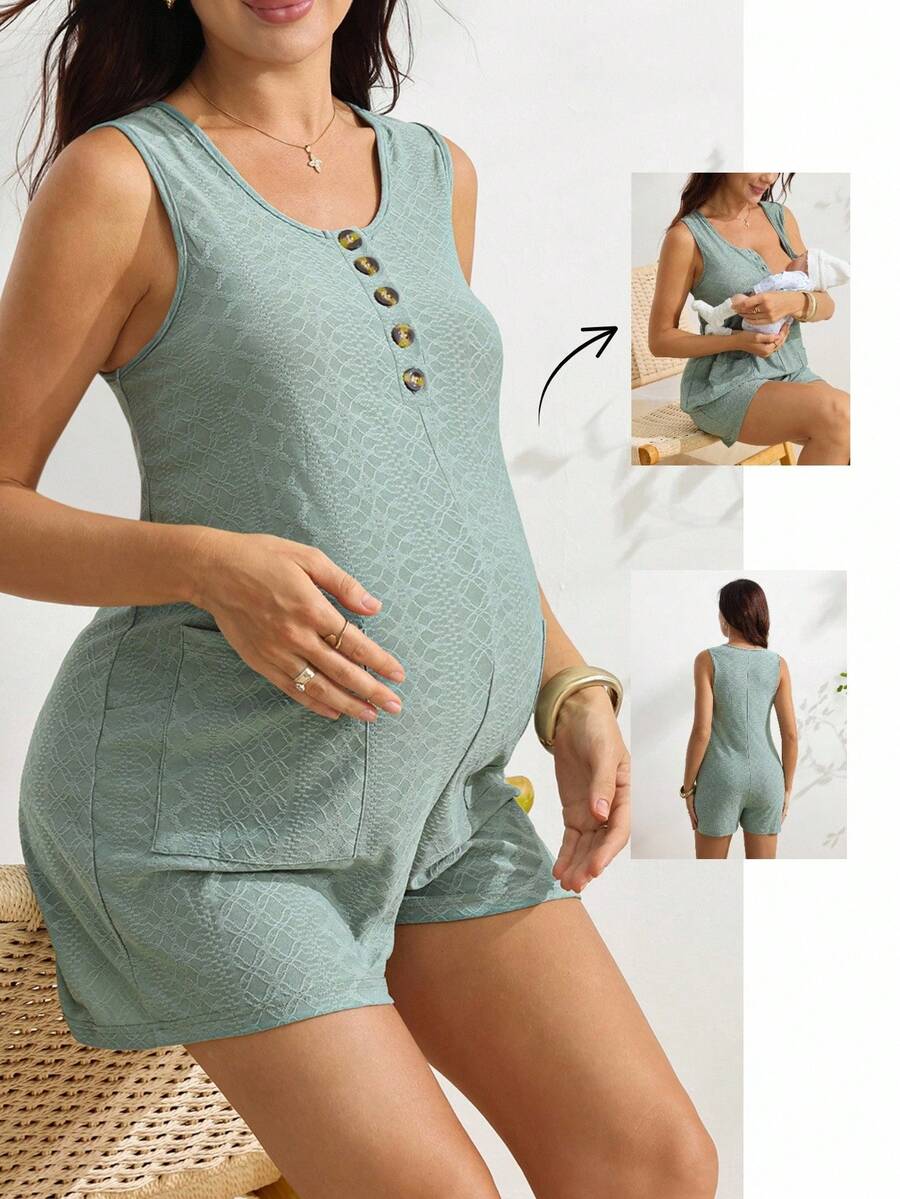 SHEIN Summer Nursing Function Pocket Jacquard Button Romper Casual Comfortable Maternity Summer Holiday Outfits For Women,Baby Shower Beach - Green - View 1