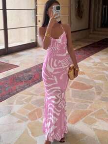Tropical Leopard Print Backless Dress For Vacation Vacation Beach Pink Zebra Print Summer - Navy Blue - View 8