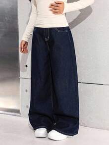 SHEIN Teen Girl Loose Wide Leg Dark Blue Denim Jeans - Dark Wash - View 4