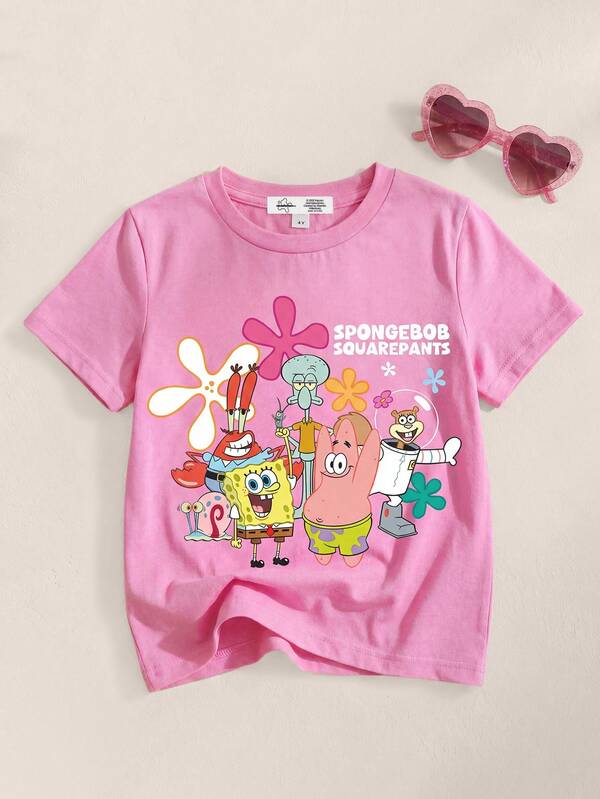 SpongeBob SquarePants | SHEIN Camiseta de manga corta con estampado de dibujos animados linda para niña, informal de verano