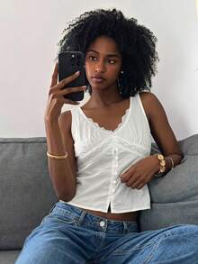 Livesso Women's V-Neck Sleeveless White Solid Lace Trim Button-Up Fitted Cropped Tank Top - White - View 1