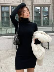 Dazy Tall Gaun Pendek Wanita Ukuran Kecil dengan Kerah Tegak, Lengan Panjang, dan Potongan Pas Badan untuk Musim Gugur - Hitam - View 2