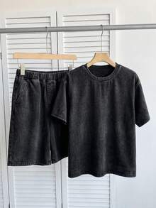 SHEIN 青少年男孩圓領短袖T恤與短褲休閒牛仔套裝 - 黑色 - 查看 5