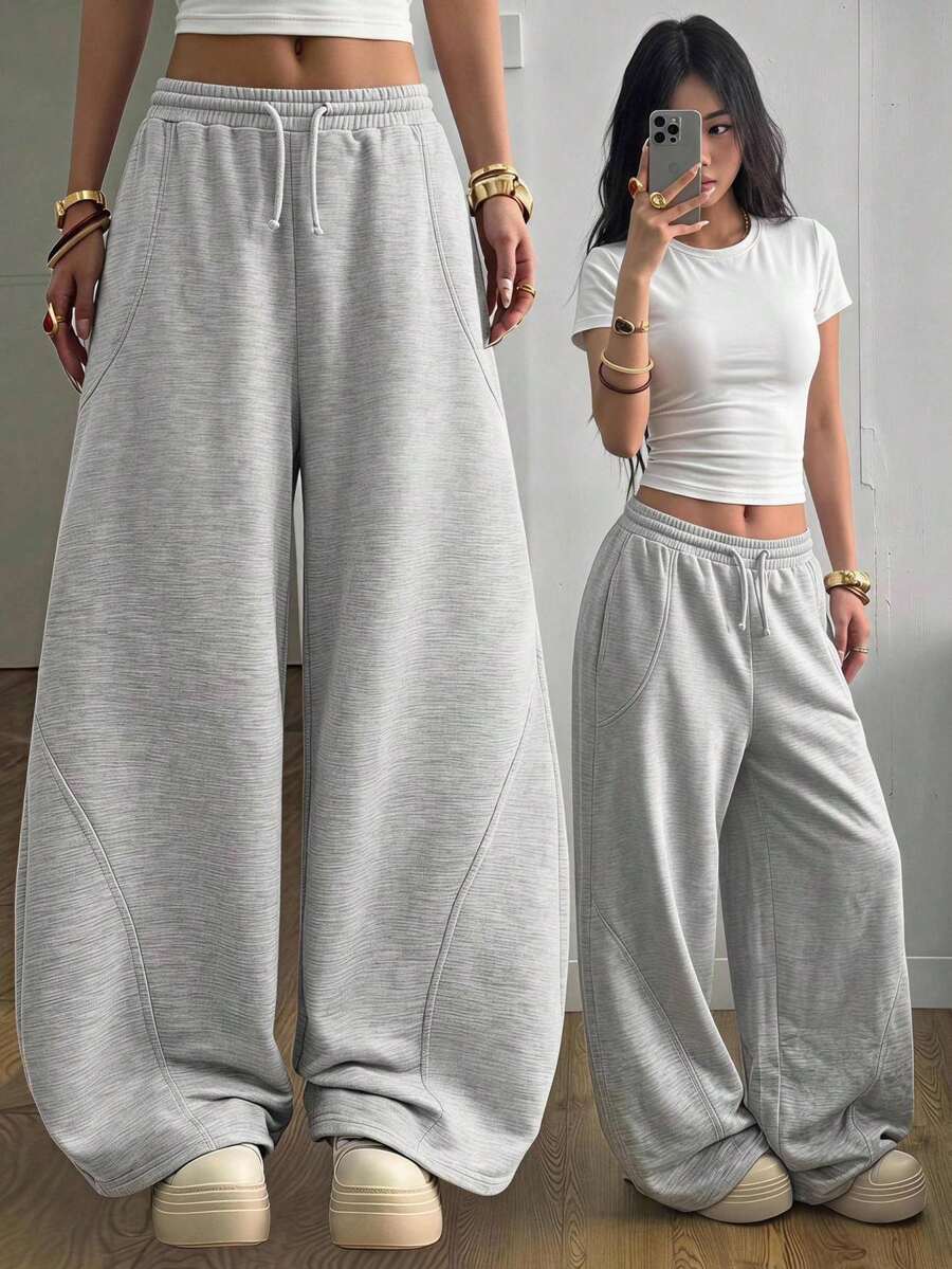 SHEIN 青少年女孩運動長褲，四季針織寬鬆休閒抽繩口袋寬腿運動褲，淺灰色舒適長褲，灰色運動褲，可愛運動褲，適合日常休閒通勤，百搭，返校季百搭寬腿運動褲 - 灰色 - 查看 1