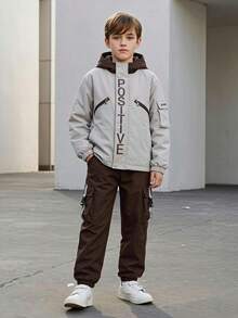 SHEIN Vacaura 2pcs/Set Tween Boy Casual Outdoor Printed Patchwork Warm Lined Set, Autumn/Winter - Brown - View 3