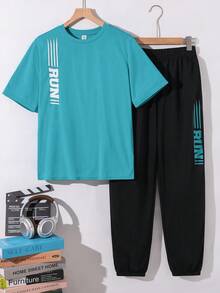 SHEIN 青少年男孩 2件組休閒極簡字母印花圓領套頭上衣套裝，適合夏季 - 彩色 - 查看 3