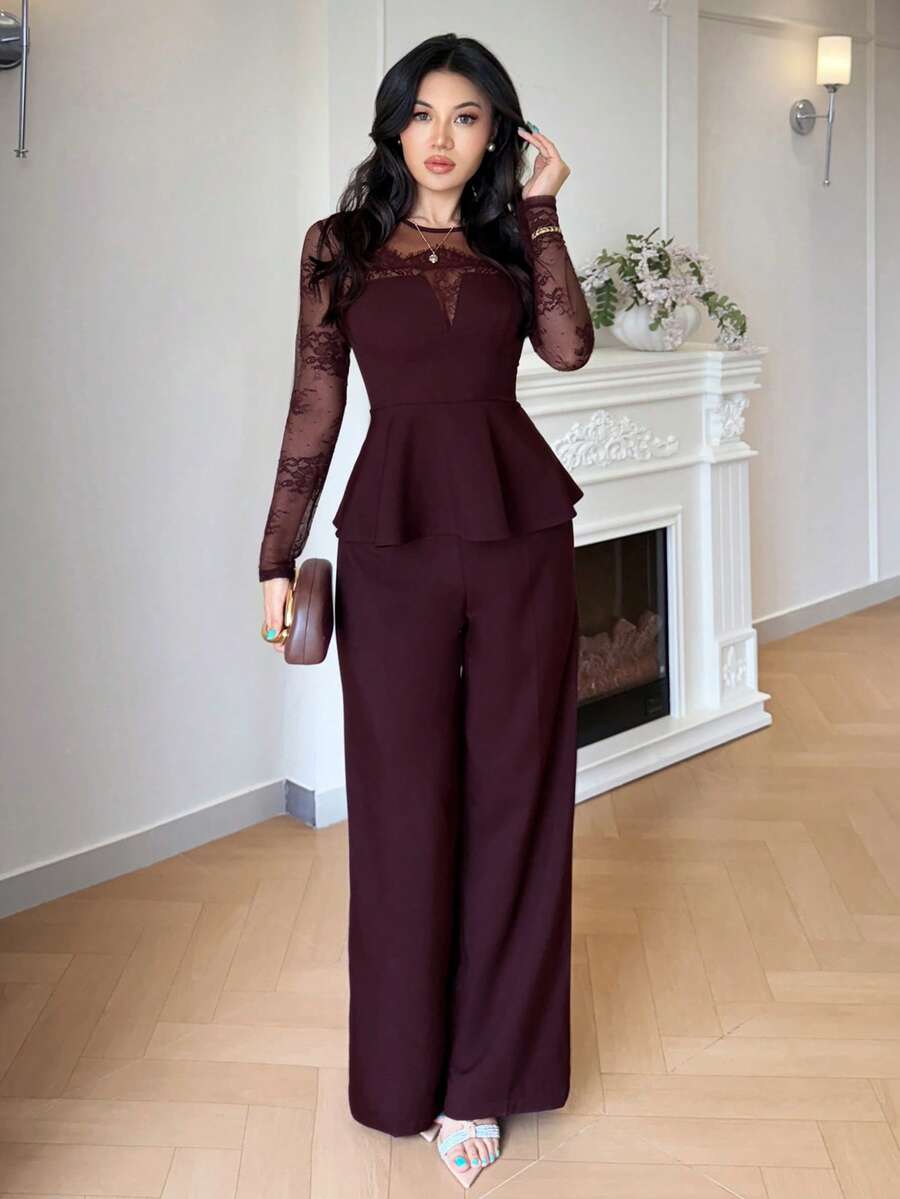 Feyla New Design Lace Patchwork Waist-Cinching Top With Cutout Neckline, 2 In 1 Slimming Straight-Leg Pants, Elegant Elegant Casual Commute Party Vacation Two Pieces Set - Red Violet - View 1
