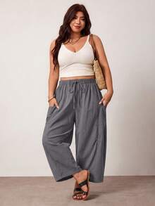 Enliva Plus Size Loose Fit Drawstring Casual Business Casual Cropped Pants Vacation Lounge Gray Summer Fall - Dark Grey - View 6