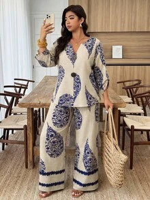 Plus Size Beige Blue Paisley Print V-Neck Top & Matching Pants Set, Bohemian Vacation Outfit Fall/Winter - Multicolor - View 4