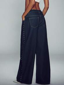 Normani Women's Fashion Studded Button Pocket Loose Fit Denim Jeans Fall Teacher Nightout Pants Navy Blue Y2k Casual - Dark Wash - View 8