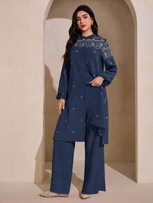 Graceveil 刺繡寬鬆外套與長褲女款日常阿拉伯風服裝套裝 - 寶藍色 - 查看 7