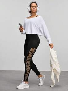 SHEIN Dewbera 女款網格拼接口袋休閒日常旅行運動緊身內搭褲 - 黑色 - 查看 5