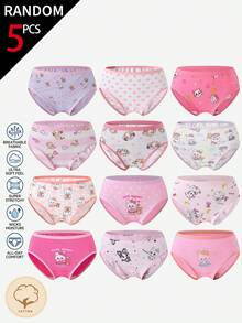 SHEIN 5条/包 女童什锦印花纯棉三角裤，图案包括爱心、蝴蝶结、兔子 - 彩色 - 查看 6
