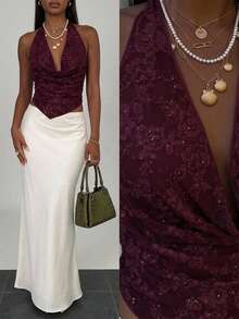 Firerie Atasan Halter Seksi Wanita dengan Motif Bunga dan Renda - Burgundy - View 4