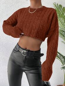 SHEIN Cottnline Drop Shoulder Cable Knit Crop Sweater - Brown - View 3