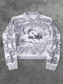 ROMWE MEN Street Life Street Casual Long Sleeve Half-Zip Sweatshirt, Fashion Striped Angel Print, Y2K Style - Grey - View 3