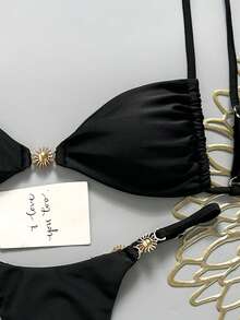Swim Mod Conjunto de bikini de mujer de unicolor con tirantes finos y decoración metálica para primavera/verano - Negro - Ver 6