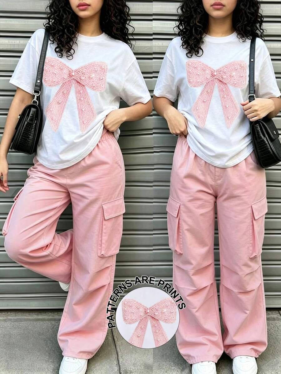 SHEIN 1套粉色蝴蝶結圖案上衣與粉色工裝褲，適合13-16歲女孩，舒適簡約休閒日常風格 - 彩色 - 查看 1