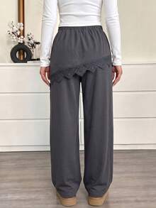 Modelyn Autumn/Winter Elegant Casual Cinched Waist Loose Fit Versatile 2 In 1 Patchwork Drape Lace Plus Size Women's Long Pants - Dark Grey - View 2