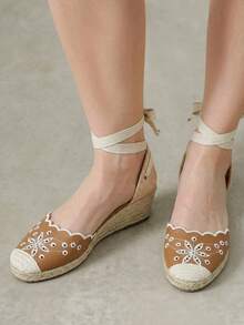 Styleloop Ladies, Rubber Band Cross Strap, Straw Rope, Sandals, High Heels. - Brown - View 7