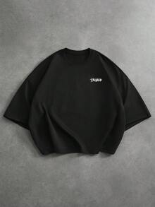 PAVTROS Kaos Pria Model Longgar Kasual dengan Potongan Bahu Jatuh dan Kerah Bulat, Motif Slogan - Hitam - View 4