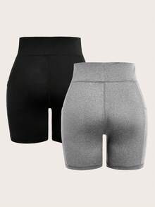 SHEIN SXY Plus Size Women Solid Color Pocket Athletic Shorts - Multicolor - View 2