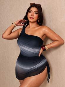Elaquor Traje de baño de una pieza para mujer talla grande, tejido elástico, un hombro, estampado tropical sexy para playa, ropa de baño casual para vacaciones de verano - Multicolor - Ver 6