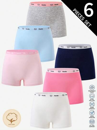 6 Sets Tween Girl Solid Color Textured Fabric Pink White Grey Blue Navy Grey Traceable Cotton Four-Corner Underwear