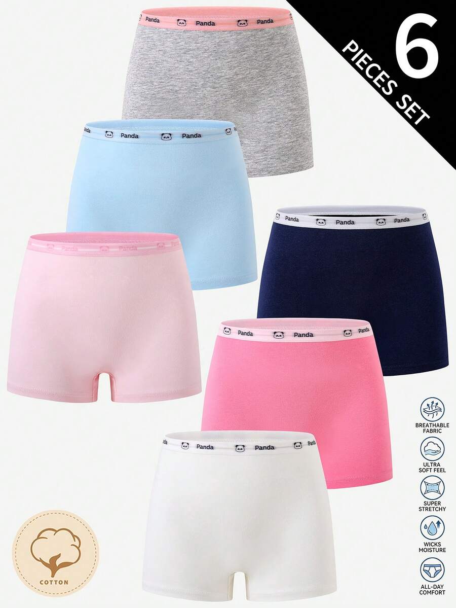 6 Sets Tween Girl Solid Color Textured Fabric Pink White Grey Blue Navy Grey Traceable Cotton Four-Corner Underwear - Multicolor - View 1