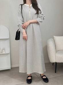 FRIFUL 女款條紋落肩長袖拉鍊半開襟休閒長洋裝 - 杏色 - 查看 4