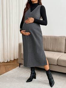 SHEIN Gaun Tanpa Lengan Hamil Warna Polos Leher V dengan Belahan Samping di Bagian Bawah - Dark Grey - View 5