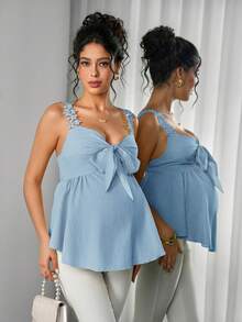 Momance Maternity Lace Camisole Top With Front Bow Tie, Back Tie, A-Line Ruffle Hem Blouse Babyshower Light Blue Summer Maternity - Blue - View 6