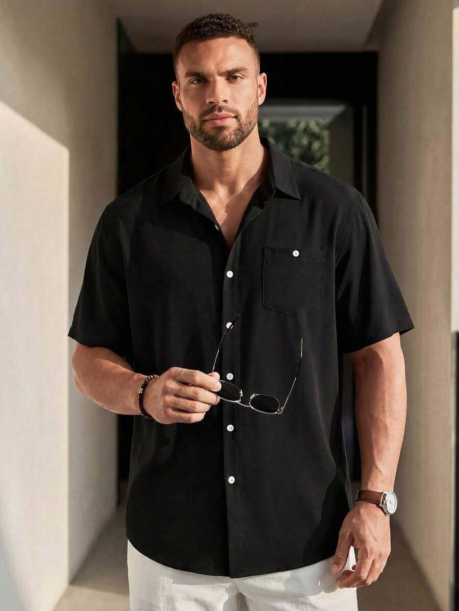 EASEVO Woven Casual Short Sleeve Shirt (Plus Size), Vacation, Father's Day Gifts - Black - View 1