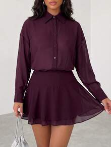 Firerie Deep Purple Red Drapey Chiffon Cinched Waist Ruffle Hem Short Mini Sexy Casual Dress - Red Violet - View 3
