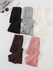 [2 Sets Randomly Sent]Girls Toddler Spring/Autumn Ribbed Flared Pants, High Waist Ruffle Hem Bell Bottom Long Pants, Soft Skin-Friendly Stretchy Slim Fit Children's Leggings, Multi-Color Randomly Sent, Versatile Casual Pants, Korean Minimalist Style Baby Snug Fit And Height-Enhancing Pants - Multicolor - View 5