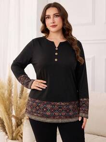 Lacomfia Autumn/Winter Elegant Casual Print Patchwork V-Neck Button Loose Fit Plus Size Women's T-Shirt - Multicolor - View 4