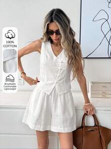 Easowa Vest Shirt And Diagonal Pocket Elastic Waist Wide Leg Shorts 5-Point Pants Set, 100% Cotton Traceable Cotton Fabric,Autumn/Winter Women's 2-Piece Set - White - View 3